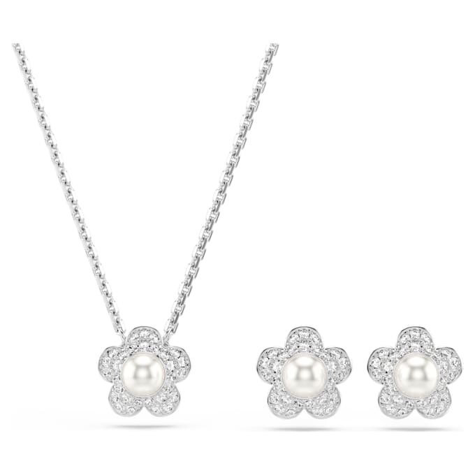 Ariana Grande X Swarovski – sada s křišťálovými perličkami, kulatý brus, květina, bílá, rhodiovaná Ariana Grande X Swarovski – sada s křišťálovými perličkami, kulatý brus, květina, bílá, rhodiovaná