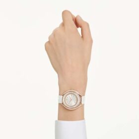 Hodinky Crystalline Aura Swiss Made, kožený řemínek, bílé, povrchová úprava v odstínu růžového zlata