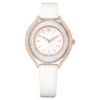 Hodinky Crystalline Aura Swiss Made, kožený řemínek, bílé, povrchová úprava v odstínu růžového zlata