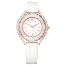 Hodinky Crystalline Aura Swiss Made, kožený řemínek, bílé, povrchová úprava v odstínu růžového zlata