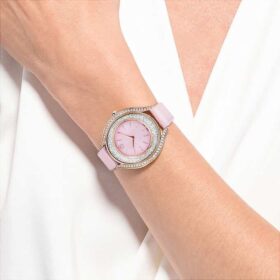 Hodinky Crystalline Aura Swiss Made, kožený řemínek, růžové, povrchová úprava v odstínu růžového zlata