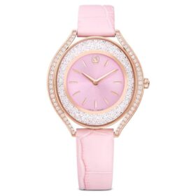 Hodinky Crystalline Aura Swiss Made, kožený řemínek, růžové, povrchová úprava v odstínu růžového zlata
