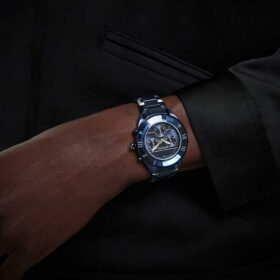 Hodinky Dextera Chrono 39 mm, vyrobeno ve Švýcarsku, kovový náramek, modré, modrá povrchová úprava