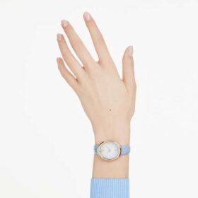 Hodinky Imber Oval Swiss Made, kožený řemínek, modré, povrchová úprava v odstínu šampaňského zlata