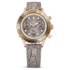 Hodinky Octea Chrono Swiss Made, kožený řemínek, šedé, povrchová úprava v odstínu růžového zlata