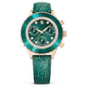 Hodinky Octea Chrono Swiss Made, kožený řemínek, zelené, povrchová úprava v odstínu růžového zlata
