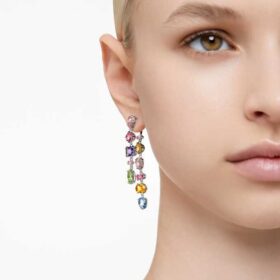 Náušnice Gema Drop – asymetrický design, různé briliantové výbrusy, dlouhé, vícebarevné, pokovené rhodiem
