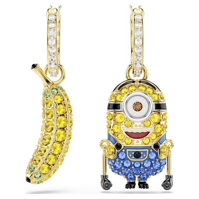 Náušnice Minions Stuart a Banana s pavé, mini, vícebarevné, pozlacené Náušnice Minions Stuart a Banana s pavé, mini, vícebarevné, pozlacené