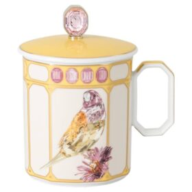 Porcelánový hrnek Idyllia, motiv s krystalovým potiskem, pěnkava, žlutý