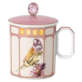 Porcelánový hrnek Idyllia, motiv s krystaly, pěnkava, růžový