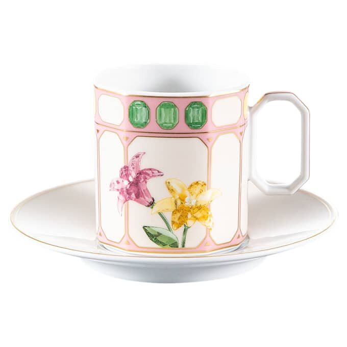 Porcelánový šálek na kávu s podšálkem Idyllia, krystalový potisk, květinový motiv, vícebarevný Porcelánový šálek na kávu s podšálkem Idyllia, krystalový potisk, květinový motiv, vícebarevný