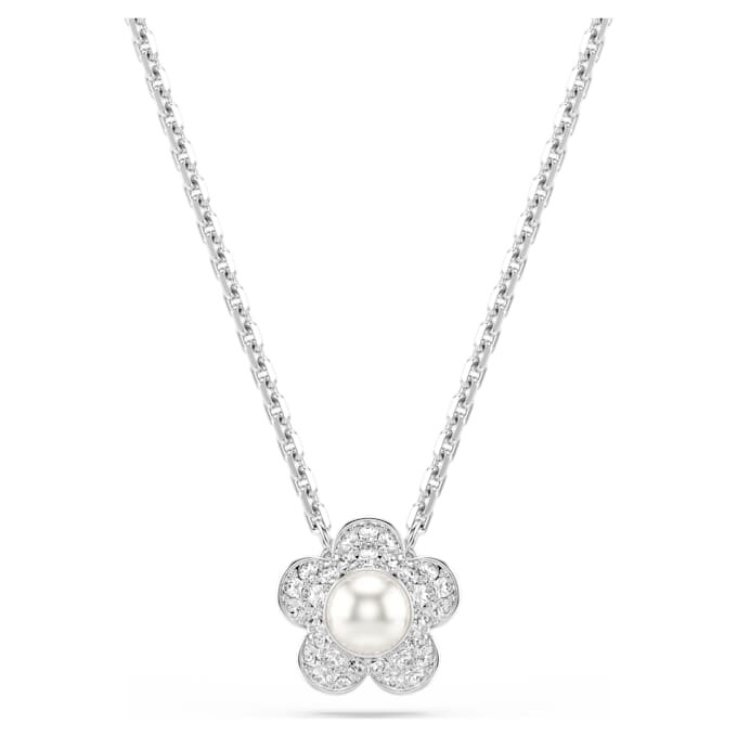 Přívěsek Ariana Grande X Swarovski s křišťálovou perlou, kulatý brus, květina, bílá, pokovený rhodiem Přívěsek Ariana Grande X Swarovski s křišťálovou perlou, kulatý brus, květina, bílá, pokovený rhodiem