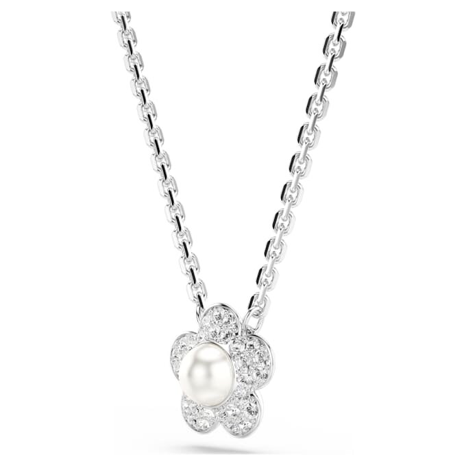 Přívěsek Ariana Grande X Swarovski s křišťálovou perlou, kulatý brus, květina, bílá, pokovený rhodiem Přívěsek Ariana Grande X Swarovski s křišťálovou perlou, kulatý brus, květina, bílá, pokovený rhodiem